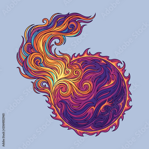 A stylized illustration of a swirling orb engulfed in bright flames