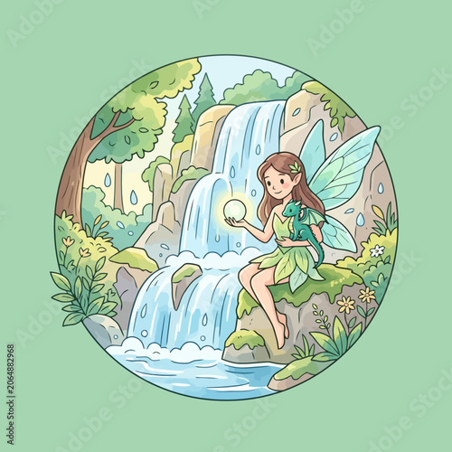 A magical fairy holds a glowing orb by a forest waterfall