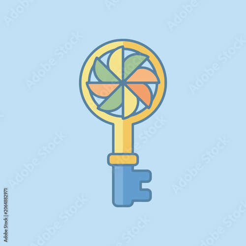 A colorful decorative key with a spinning pinwheel design element