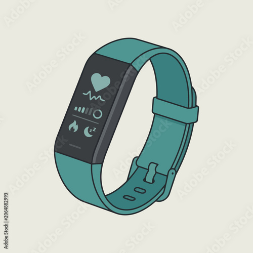A teal smart fitness tracker showing various health icons