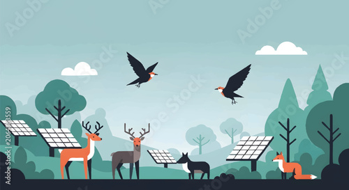 Canvas Print Sustainable Energy Concept: Minimalist Flat Illustration of Solar Panels in a Fo