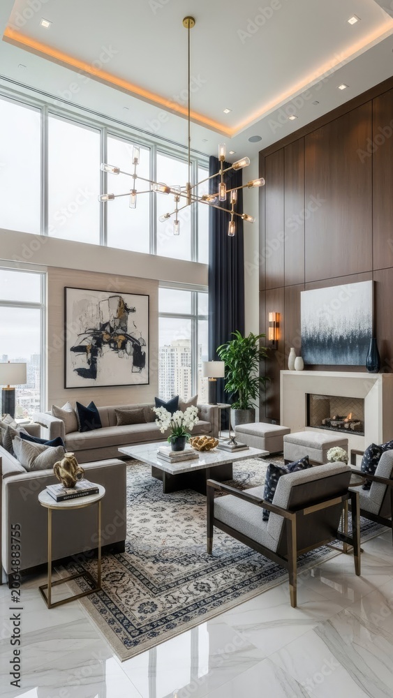 Naklejka premium Luxurious Modern Living Room with High Ceilings and Fireplace.