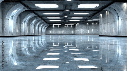 Vast interior space features a polished floor reflecting architectural arches and bright ceiling lights