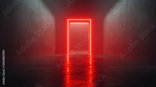 Illuminated rectangular frame creates striking red glow at the end of a dark corridor