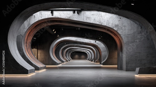 Series of dramatic, curvilinear concrete arches illuminate a long, empty interior corridor