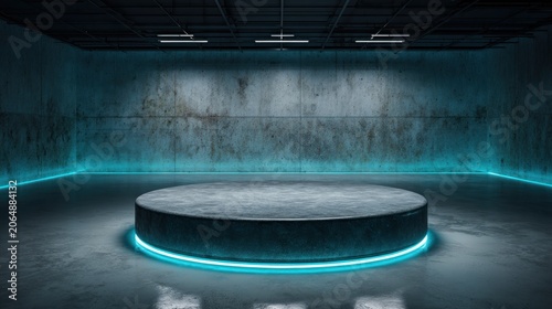 Industrial concrete stage glows with vibrant cyan illumination in a dark empty room