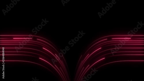 Symmetrical Arrangement of Curved Vibrant Magenta Neon Light Lines Forming an Arching Shape on a Black Background Symbolizing Data Flow and Network Pathways in a Dynamic Digital Space