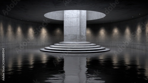 Monolithic structure with tiered circular platform stands within a dark, cavernous hall featuring illuminated concrete walls and a reflective floor