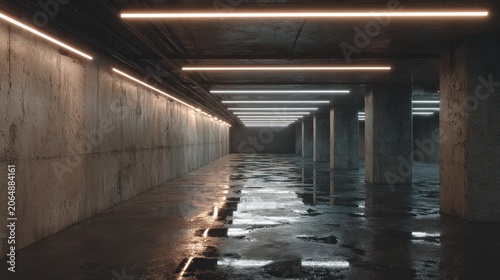Dimly lit underground space features rough concrete walls and reflective wet flooring.