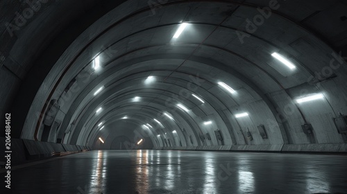 Industrial tunnel interior illuminated by fluorescent lighting receding into the darkness