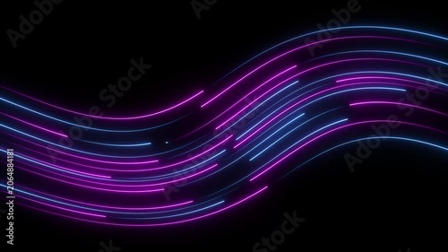 Abstract flowing neon light streaks in vibrant magenta and electric blue against a dark black background creating a sense of speed and digital motion