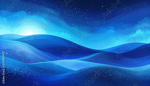 Pixel art landscape with rolling hills under a starry night sky in vibrant shades of blue