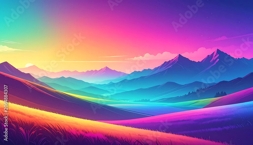 Pixel art mountain landscape with vibrant colorful sunrise, retro video game aesthetic, digital horizon scenery, atmospheric vaporwave style scenery