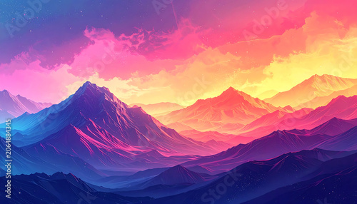 Pixel art mountain range landscape with vibrant sunset sky, retro gaming aesthetic, purple pink and orange hues, perfect for background wallpaper
