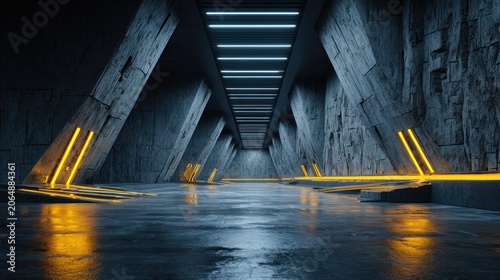Futuristic concrete hallway illuminated by glowing neon light strips creates a dramatic interior space