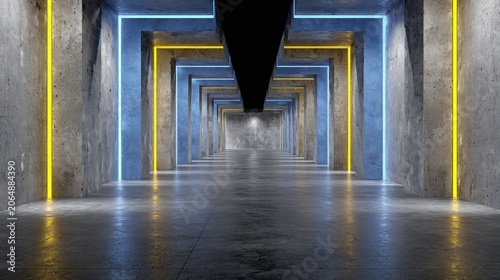 Long subterranean concrete hallway illuminated by repeating neon light frames receding into the distance