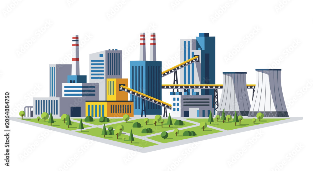 Naklejka premium Industrial factory complex with conveyor belts and green trees in a flat vector style isolated on a clean white background.