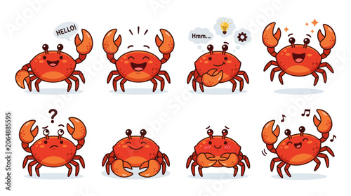 Cute red crab characters set with different emotions and poses