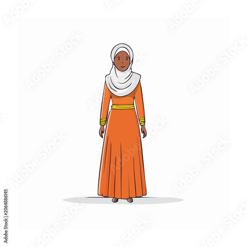 Woman in orange abaya and hijab standing