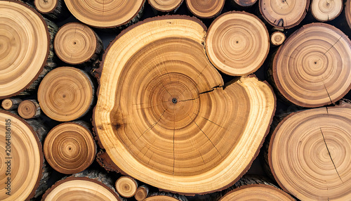 Natural wooden log end cross section pattern, brown timber rings texture, organic forest logging material for rustic interior design backdrops