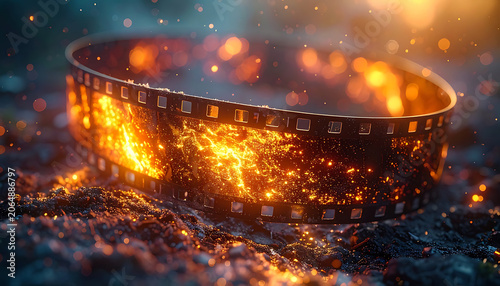 Old film strip glowing with golden sparks and magical light particles, cinematic retro texture for movie and production history themes