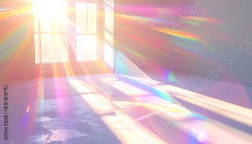 paper plane sitting on floor with dramatic sunlight and vibrant prism lens flare