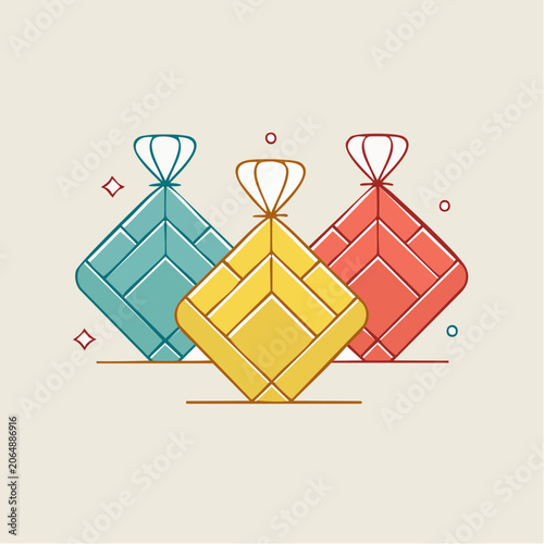 Three Ketupats in Teal, Yellow, and Red