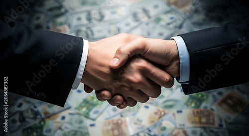 Close up business partners shaking hands over a blurred background of international currency banknotes with handshake
