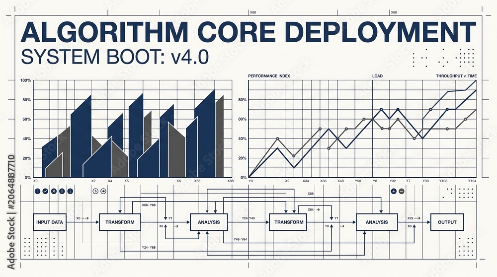Obraz premium Detailed algorithm core deployment flowchart with data transform steps and performance index graphs.