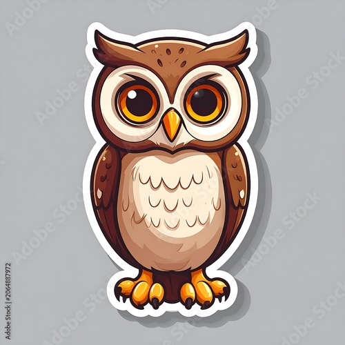 A cute cartoon owl sticker with big eyes and brown feathers on gray