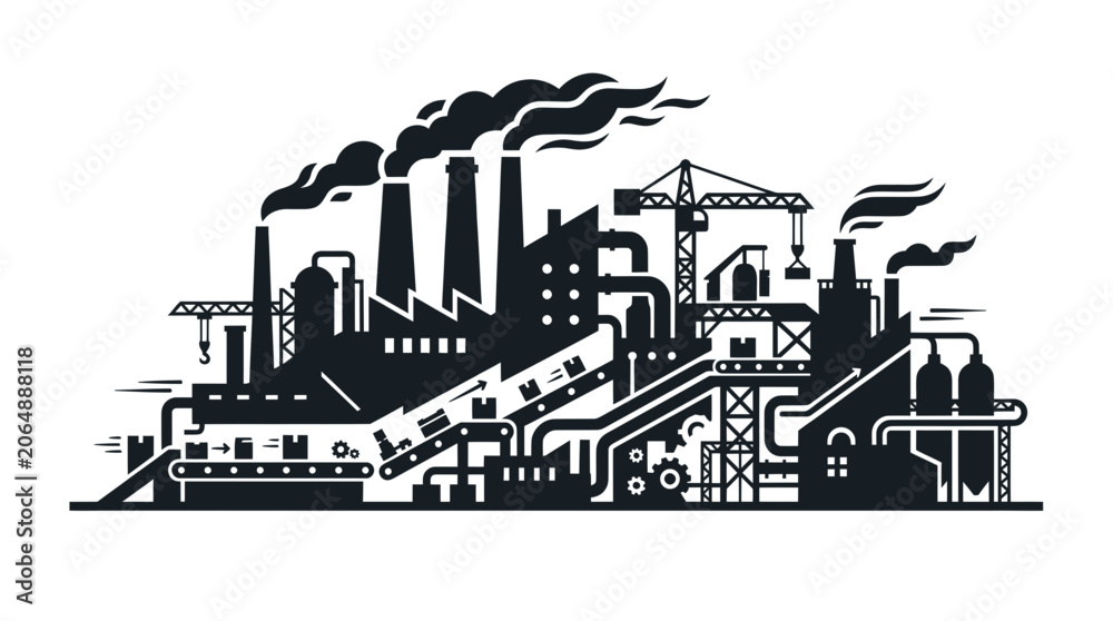 Fototapeta premium Industrial manufacturing factory with smoking chimneys and conveyors