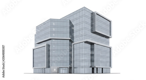 Modern office building exterior with sleek glass facade and rectangular shape