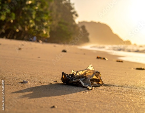 A discarded piece of plastic on a sandy beach at sunset