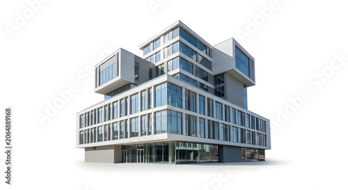 Modern office building with sleek glass facade and unique cube-shaped design elements