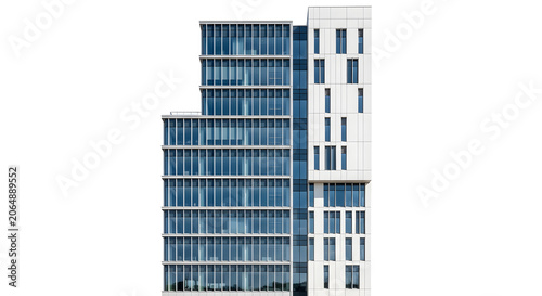 Modern office building exterior with glass windows and white framework