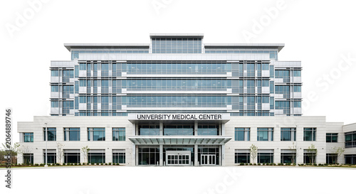 A large white building with blue windows and a sign reading University Medical Center