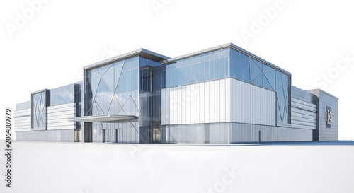 A large industrial building with glass and metal exterior stands alone