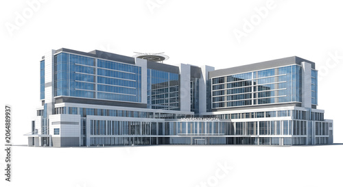 A large modern glass office building stands in a cityscape environment