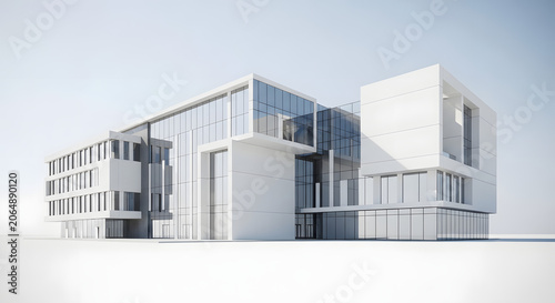 Modern office building with sleek glass exterior and white concrete structure