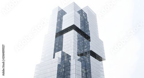 A sleek skyscraper stands tall in the city, showcasing modern architecture and urban landscape with glass and steel exterior.