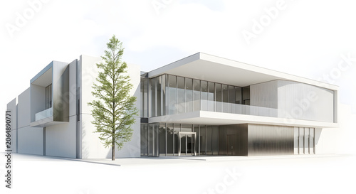 Modern white building with balcony and tree in front yard