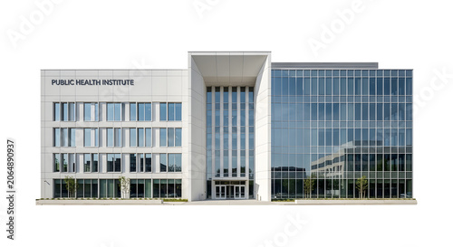A large white building with glass windows and a public health department sign on the left side is seen from the front with a clear blue sky reflected on the right windows.