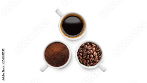 Принти на полотні Three cups of coffee showing different stages roasted coffee beans, ground coffe