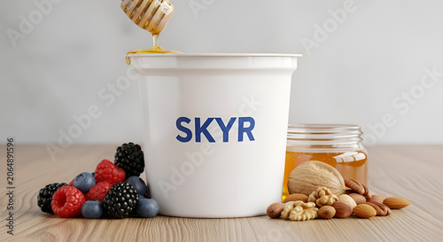 Skyr yogurt with honey and berries.