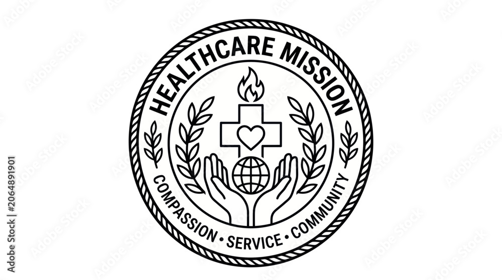 Fototapeta premium Healthcare mission emblem with hands holding a globe and cross