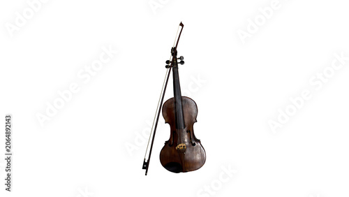 Slika na platnu Old antique violin with bow isolated on transparent background