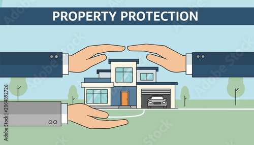 Property protection and insurance concept illustrated with hands sheltering a modern house and car against a green landscape.