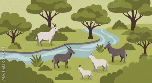 Canvas Print Stylized Flat Vector Illustration of Antelope Herd in a Green Savanna Landscape