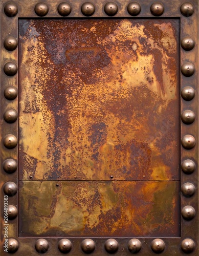 A distressed metal panel with a rusty surface and decorative rivets