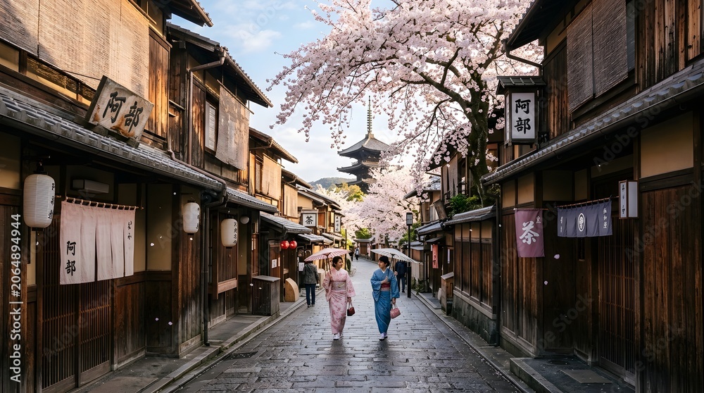 Fototapeta premium traditional Japanese street in Kyoto lined with cherry blossom trees in full bloom